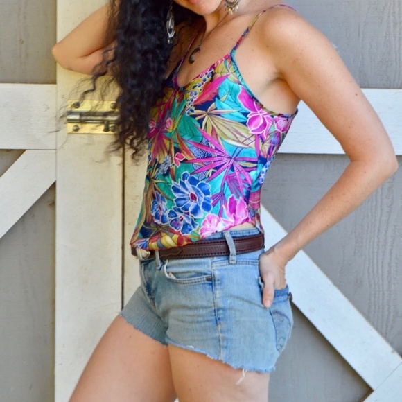 80's lingerie camisole jewel tone tropical jungle print - Picture 1 of 2